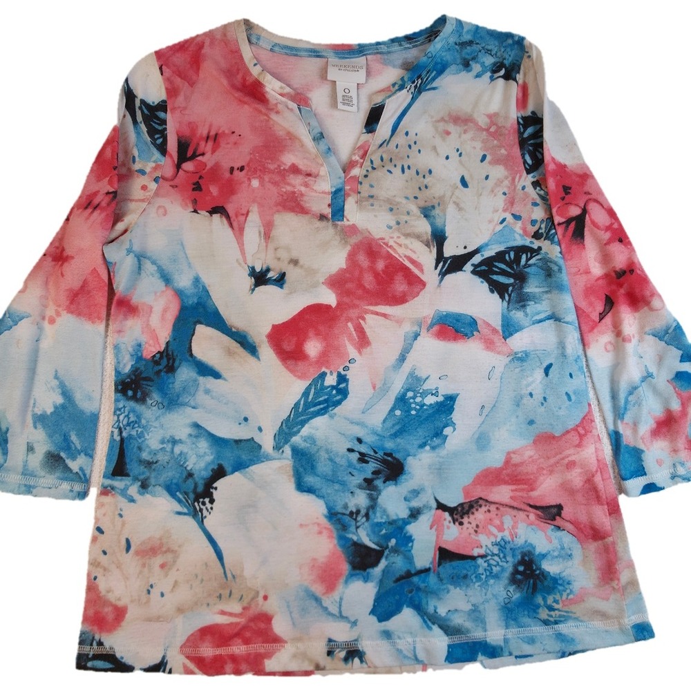 Chico's Floral Top Women 0 Blue Pink Watercolor Notch Neck Excellent